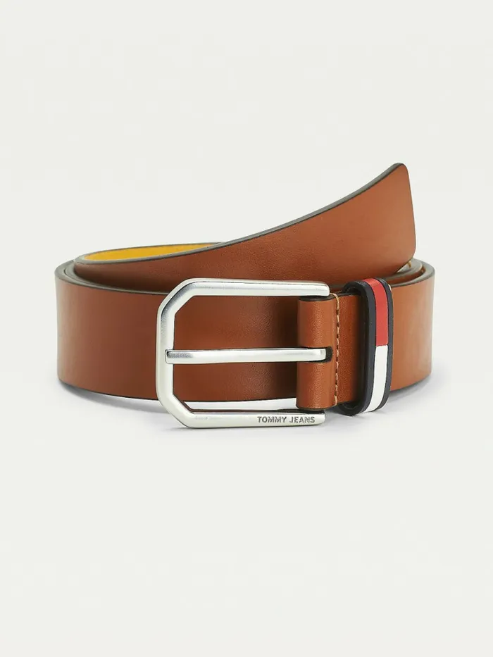 Tommy Hilfiger Organic Leather Flag Belt Natural Cognac Mens Belts Sale