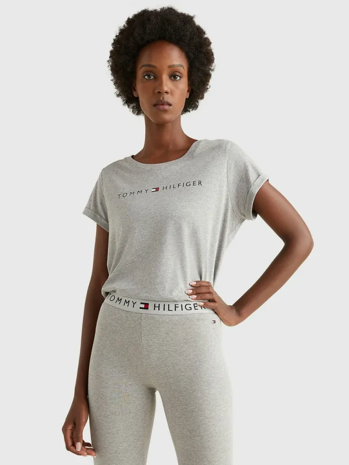 Tommy Hilfiger Original Logo TurnBack Cuff TShirt Grey Heather Womens Lounge and Nightwear Tommy Hilfiger Original Logo TurnBack Cuff TShirt Grey Heather Womens Lounge and Nightwear