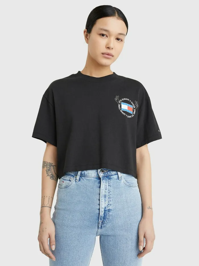 Tommy Hilfiger Oversized Cropped Slogan TShirt Black Womens TShirts Gift 4 You Tommy Hilfiger Oversized Cropped Slogan TShirt Black Womens TShirts Gift 4 You