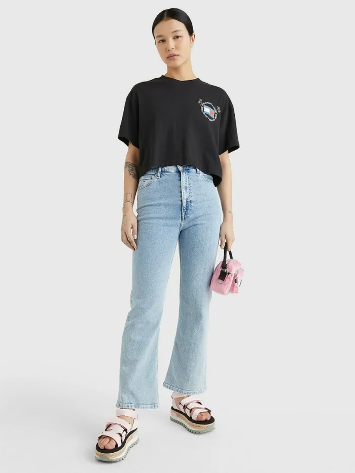 Tommy Hilfiger Oversized Cropped Slogan TShirt Black Womens TShirts Gift 4 You