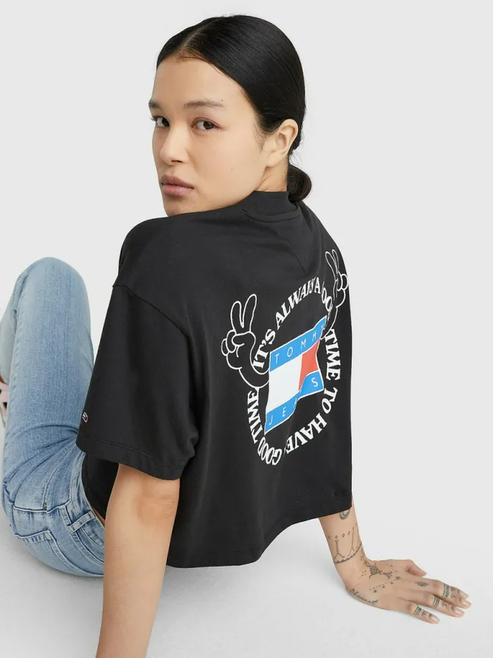 Tommy Hilfiger Oversized Cropped Slogan TShirt Black Womens TShirts Gift 4 You