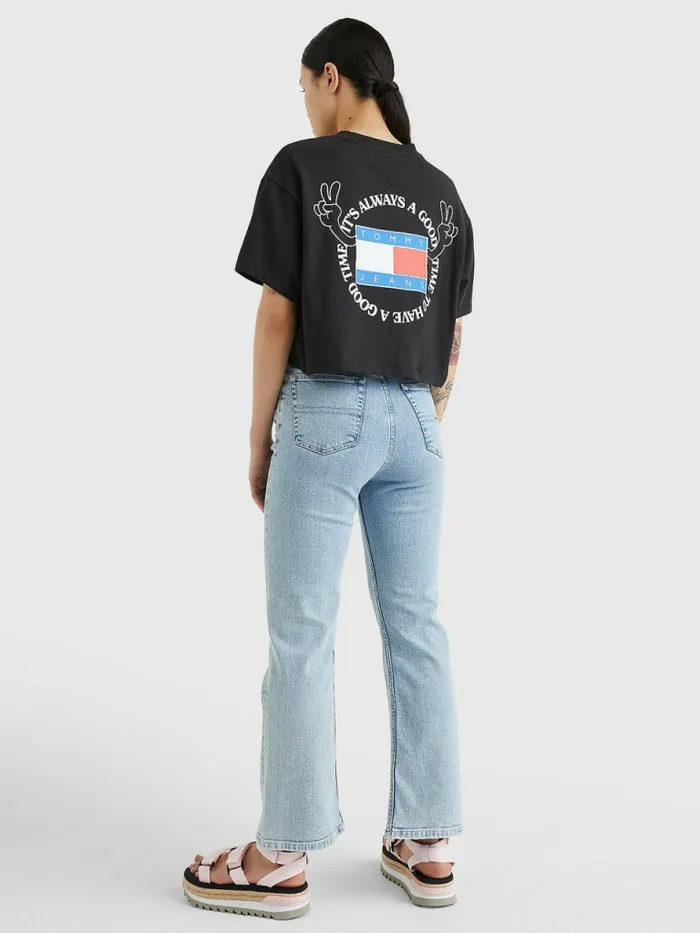 Tommy Hilfiger Oversized Cropped Slogan TShirt Black Womens TShirts Gift 4 You