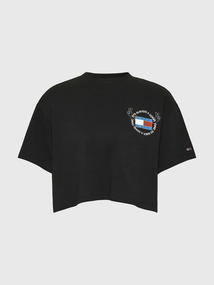 Tommy Hilfiger Oversized Cropped Slogan TShirt Black Womens TShirts Gift 4 You