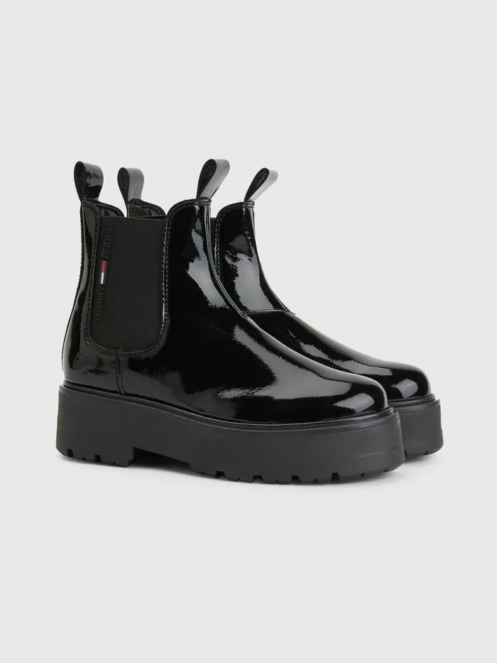 Tommy Hilfiger Patent Cleat Chelsea Boots Black Womens Boots Casaul