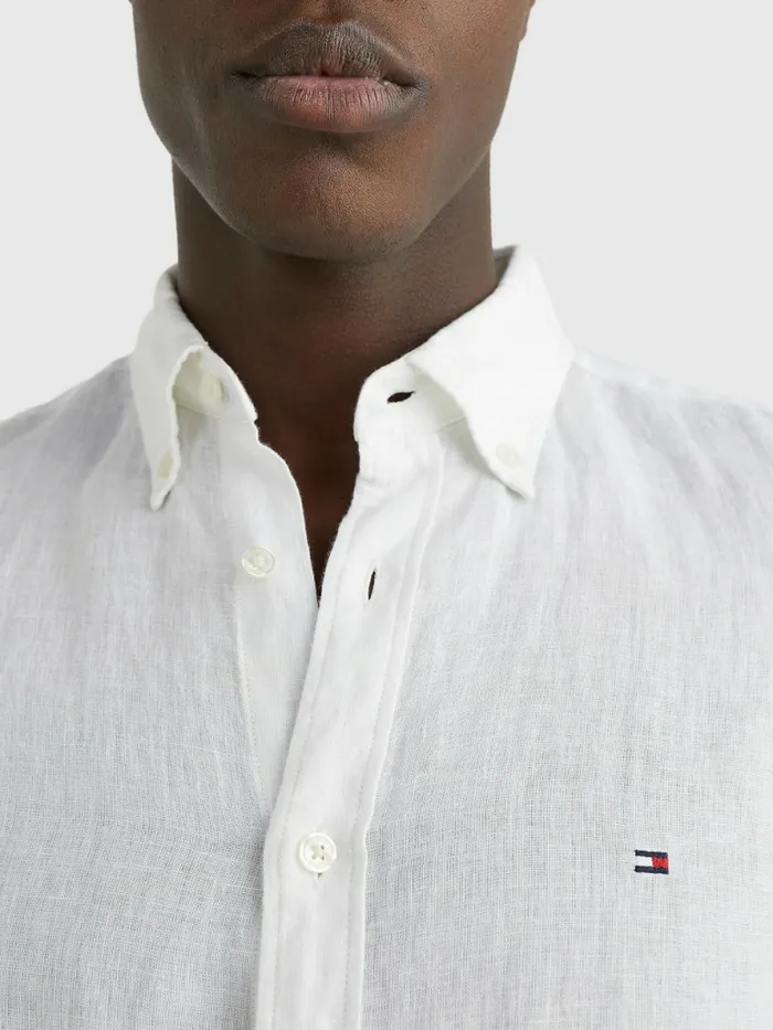 Tommy Hilfiger PigmentDyed Short Sleeve Linen Shirt White Mens Shirts Casaul