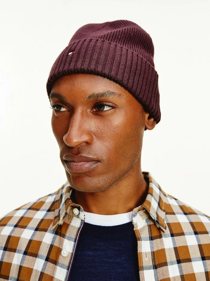 Tommy Hilfiger Pima Cotton Cashmere Cuffed Beanie Deep Burgundy Mens Hats and Scarves Online