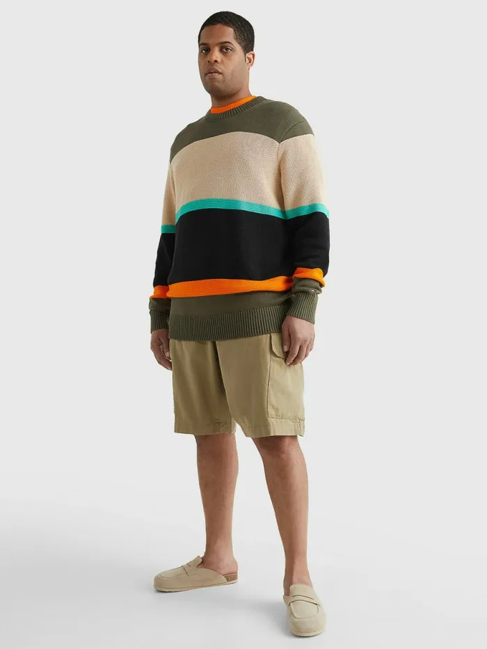 Tommy Hilfiger Plus ColourBlocked Mixed Knit Jumper Army Green Mens Knitwear Popular