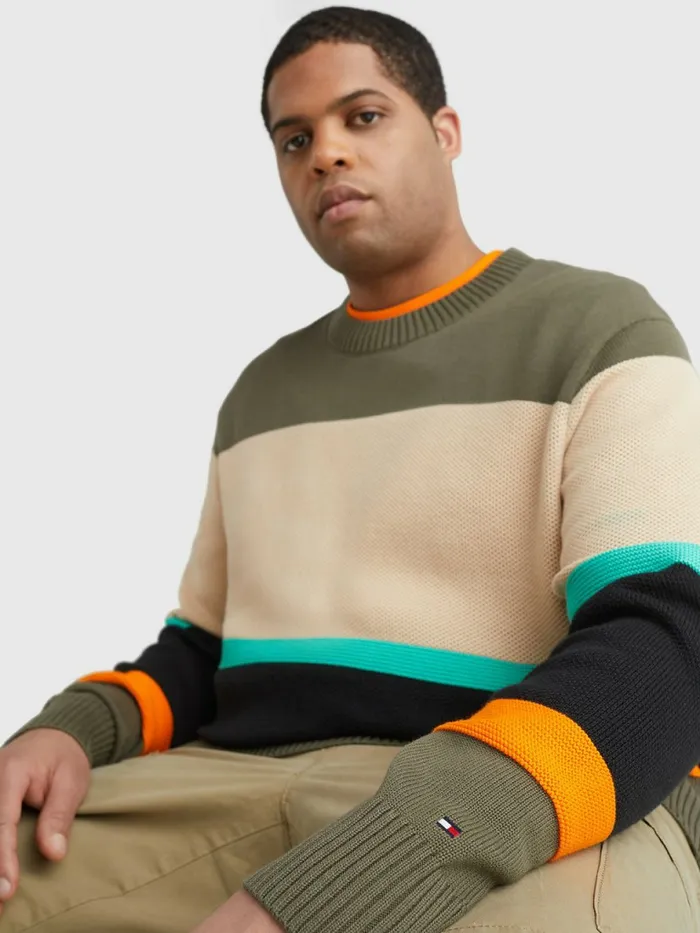 Tommy Hilfiger Plus ColourBlocked Mixed Knit Jumper Army Green Mens Knitwear Popular