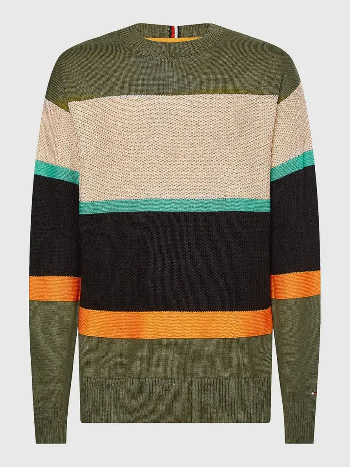 Tommy Hilfiger Plus ColourBlocked Mixed Knit Jumper Army Green Mens Knitwear Popular