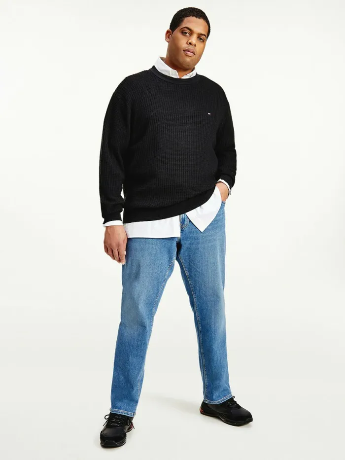 Tommy Hilfiger Plus Knitted Grid Check Crew Neck Jumper Black Mens Knitwear For Sale Tommy Hilfiger Plus Knitted Grid Check Crew Neck Jumper Black Mens Knitwear For Sale