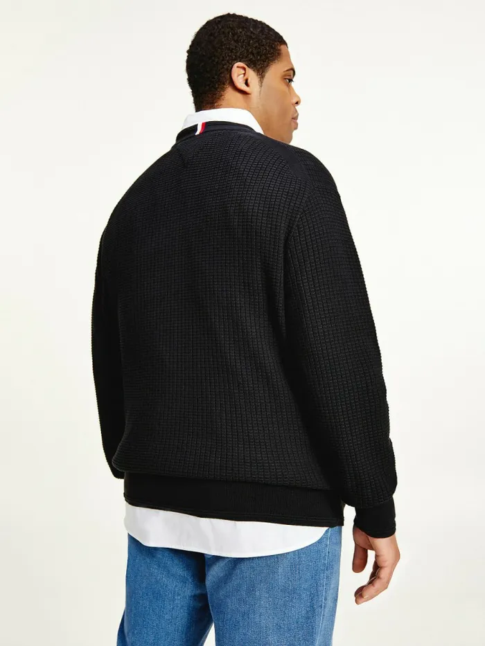 Tommy Hilfiger Plus Knitted Grid Check Crew Neck Jumper Black Mens Knitwear For Sale