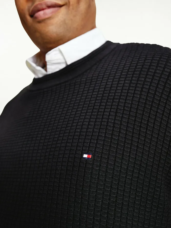 Tommy Hilfiger Plus Knitted Grid Check Crew Neck Jumper Black Mens Knitwear For Sale
