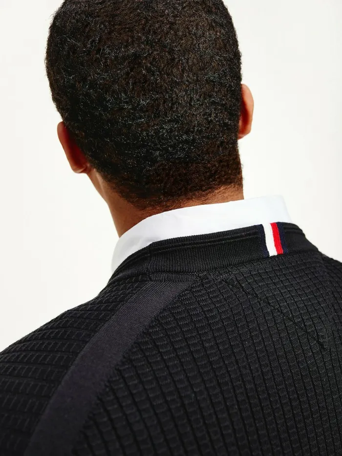 Tommy Hilfiger Plus Knitted Grid Check Crew Neck Jumper Black Mens Knitwear For Sale