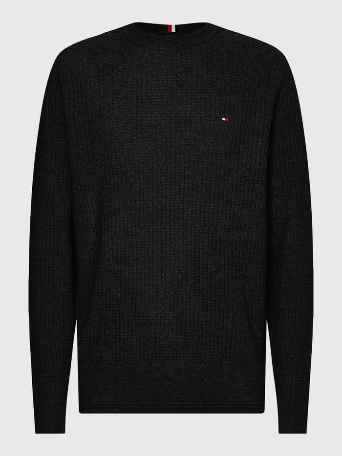 Tommy Hilfiger Plus Knitted Grid Check Crew Neck Jumper Black Mens Knitwear For Sale