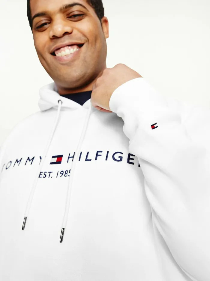 Tommy Hilfiger Plus Tommy Logo Flex Fleece Hoody White Mens Sweatshirts and Hoodies Casaul