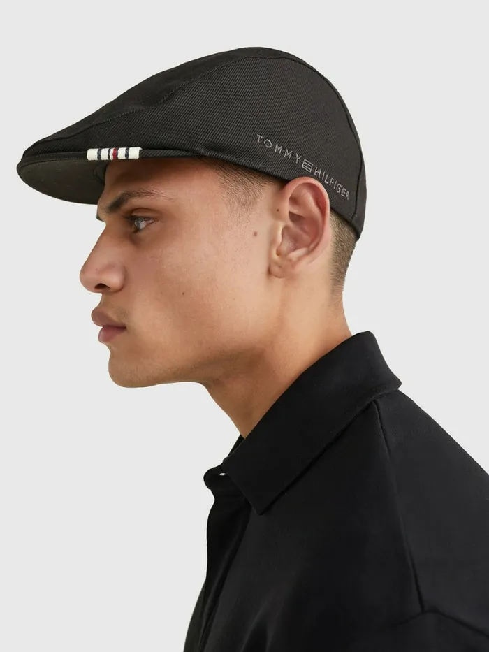 Tommy Hilfiger Premium Logo Embroidery Flat Cap Black Mens Hats and Scarves Gift for Friend