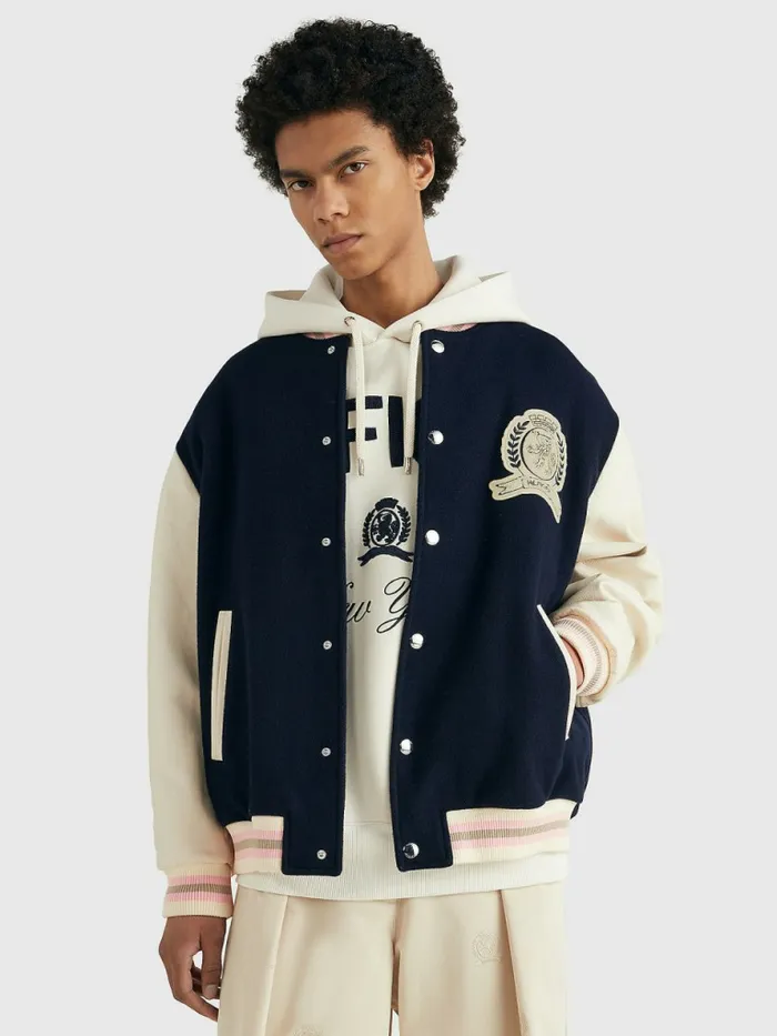 Tommy Hilfiger Prep Crest Varsity Jacket Desert Sky Mens Coats and Jackets Near Me Tommy Hilfiger Prep Crest Varsity Jacket Desert Sky Mens Coats and Jackets Near Me