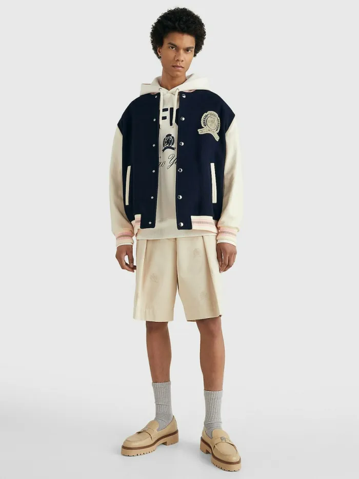 Tommy Hilfiger Prep Crest Varsity Jacket Desert Sky Mens Coats and Jackets Near Me