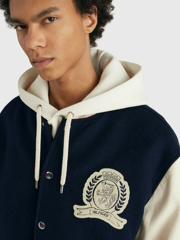 Tommy Hilfiger Prep Crest Varsity Jacket Desert Sky Mens Coats and Jackets Near Me