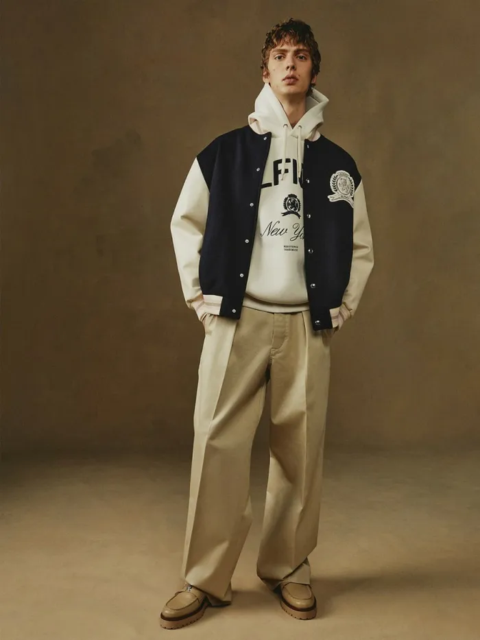 Tommy Hilfiger Prep Crest Varsity Jacket Desert Sky Mens Coats and Jackets Near Me