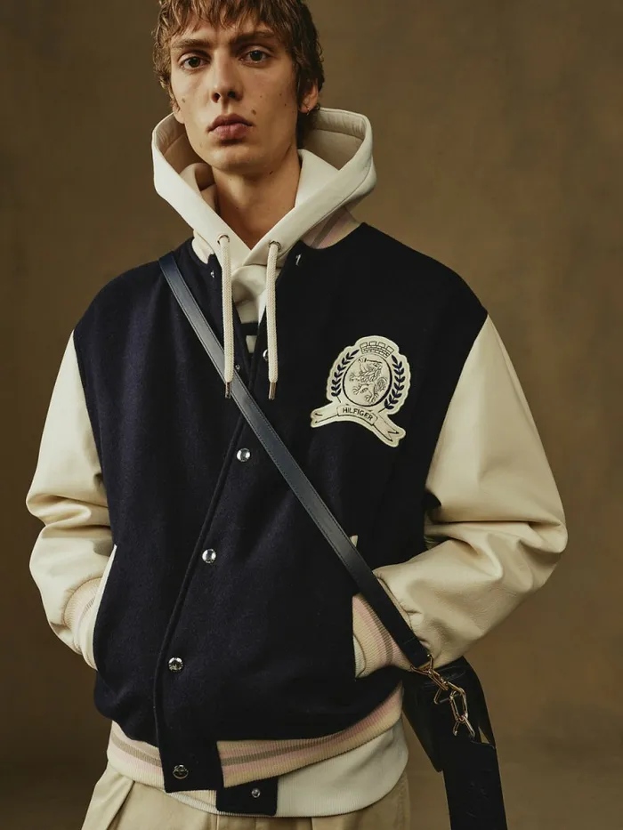 Tommy Hilfiger Prep Crest Varsity Jacket Desert Sky Mens Coats and Jackets Near Me