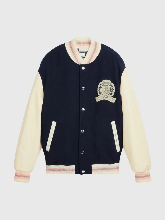 Tommy Hilfiger Prep Crest Varsity Jacket Desert Sky Mens Coats and Jackets Near Me