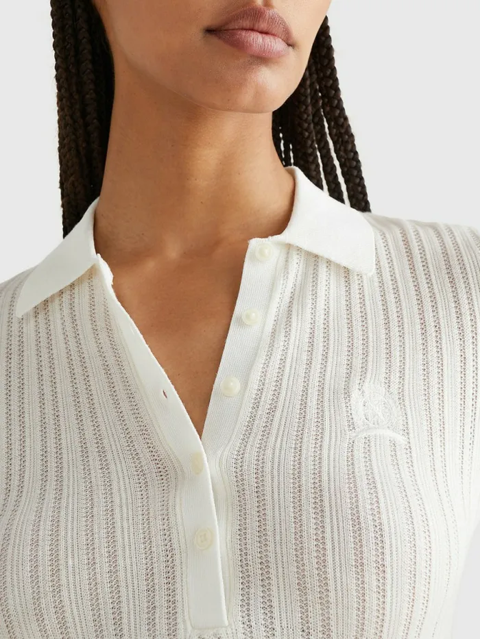 Tommy Hilfiger Prep Pointelle Slim Fit Crest Polo Ecru Womens Polo Shirts Gift 4 You