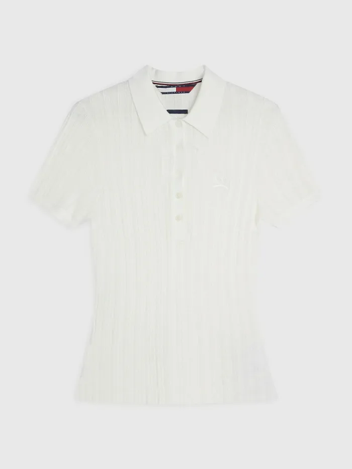 Tommy Hilfiger Prep Pointelle Slim Fit Crest Polo Ecru Womens Polo Shirts Gift 4 You