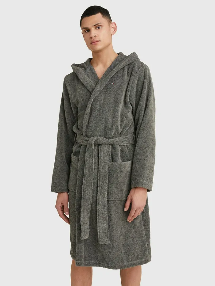 Tommy Hilfiger Pure Cotton Hooded Bathrobe Magnet Mens Loungewear and Nightwear Tommy Hilfiger Pure Cotton Hooded Bathrobe Magnet Mens Loungewear and Nightwear