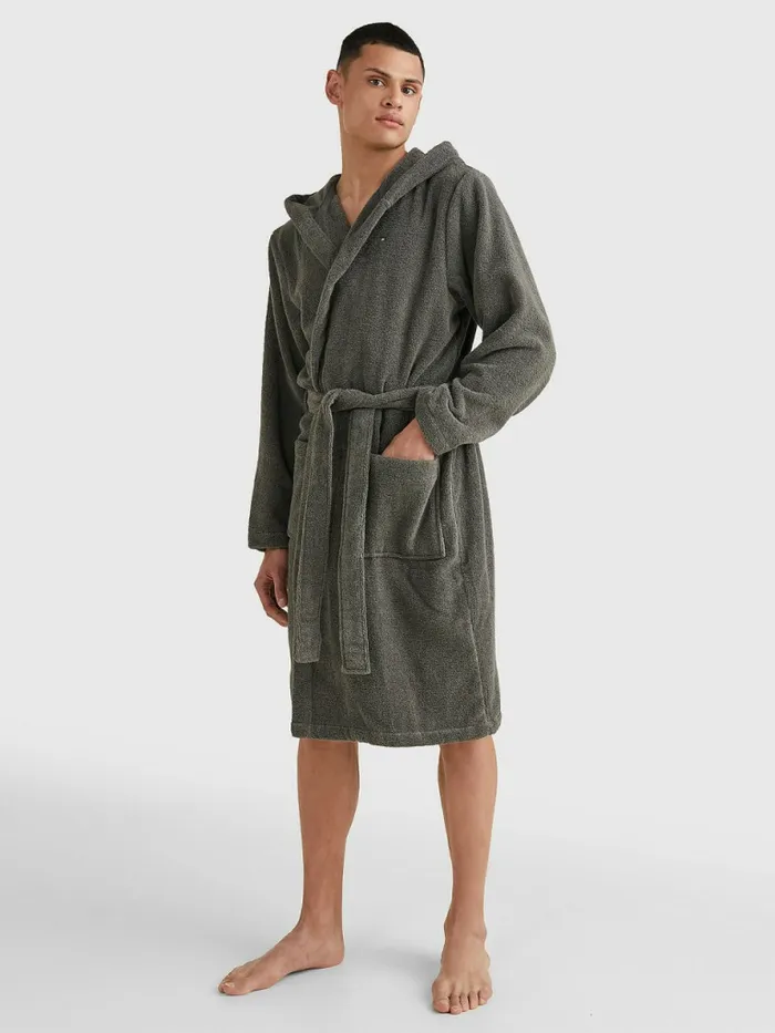 Tommy Hilfiger Pure Cotton Hooded Bathrobe Magnet Mens Loungewear and Nightwear