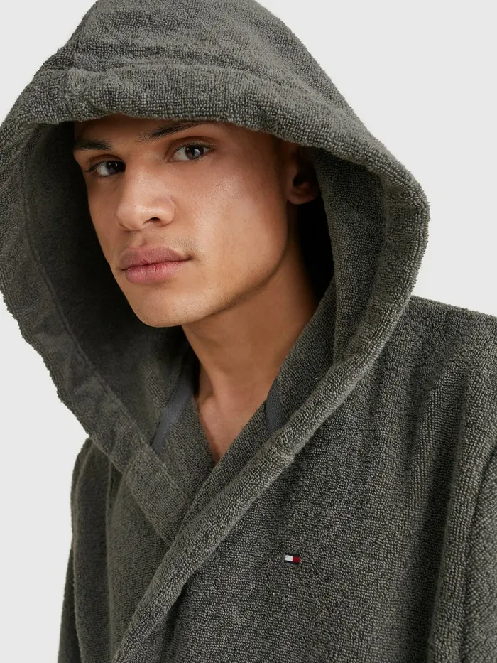 Tommy Hilfiger Pure Cotton Hooded Bathrobe Magnet Mens Loungewear and Nightwear