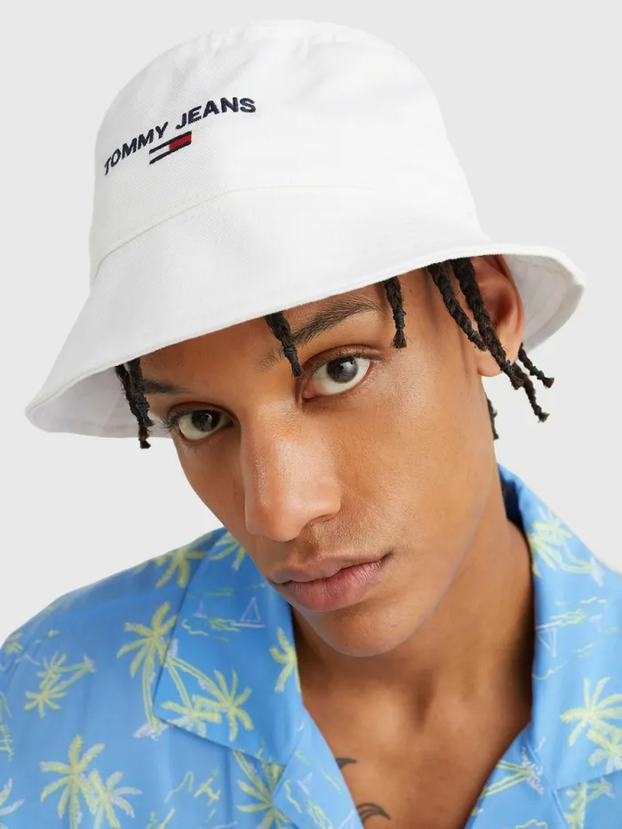 Tommy Hilfiger Pure Organic Cotton Logo Bucket Hat White Mens Hats and Scarves Sale