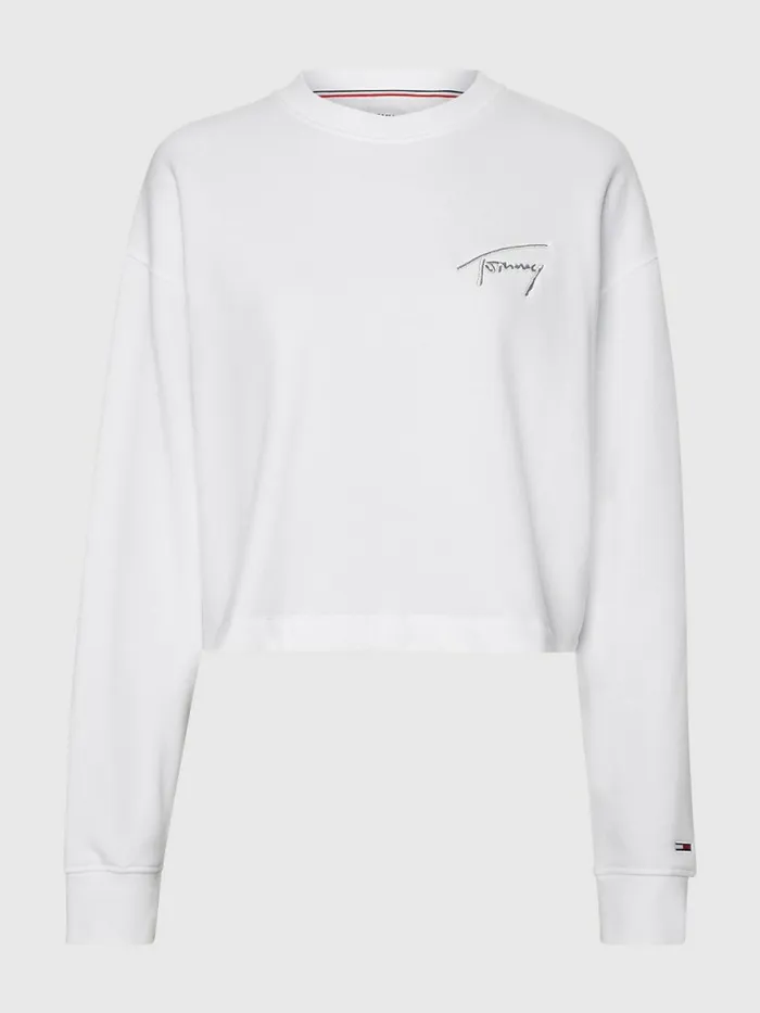 Tommy Hilfiger Recycled Signature Logo Cropped Sweatshirt White Womens Sweatshirts and Hoodies Sale