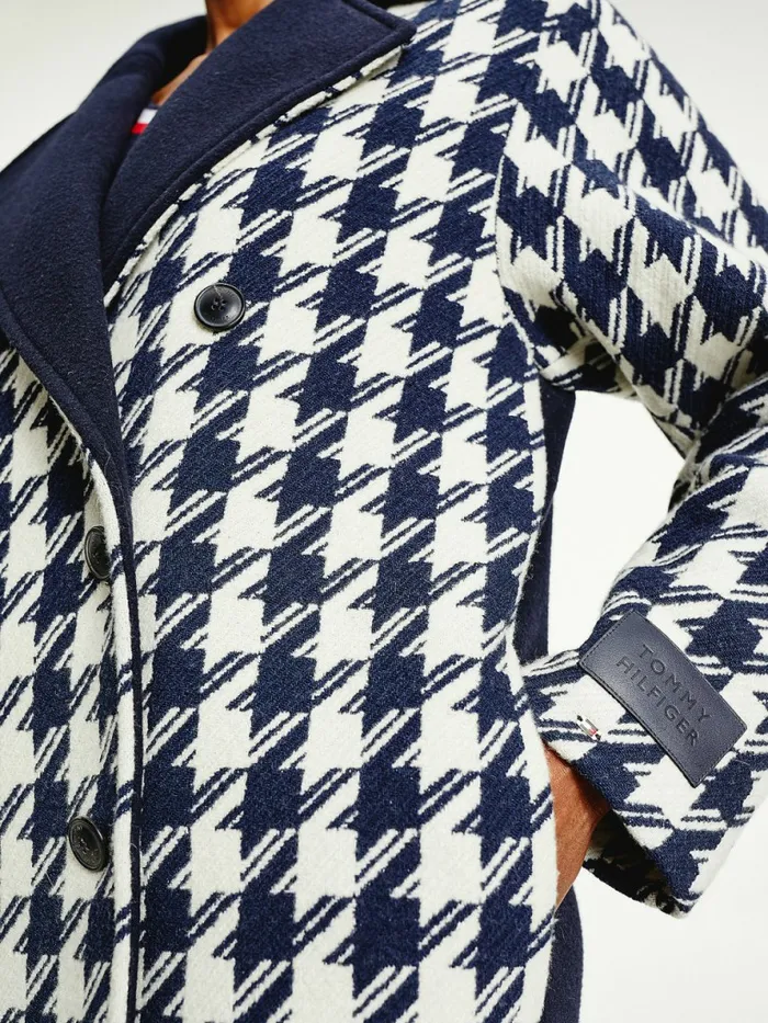 Tommy Hilfiger Recycled Wool Double Breasted Houndstooth Coat Ow Mid HoundstoothDsrt SkyEcru Womens Coats and Jackets On Sale