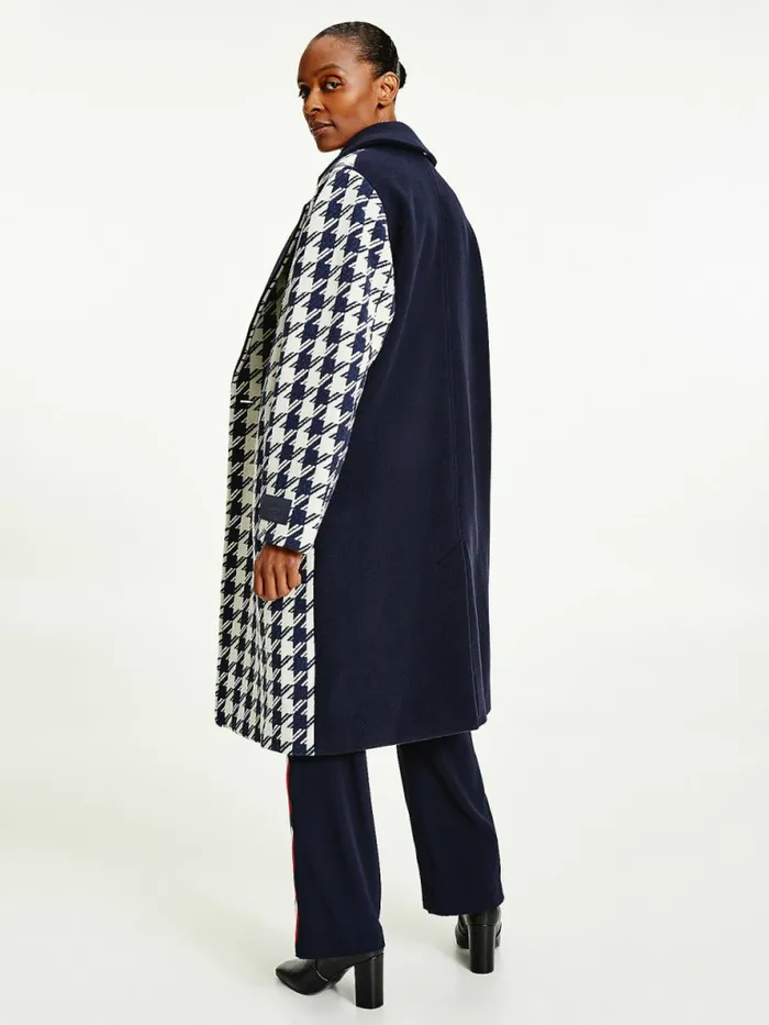 Tommy Hilfiger Recycled Wool Double Breasted Houndstooth Coat Ow Mid HoundstoothDsrt SkyEcru Womens Coats and Jackets On Sale