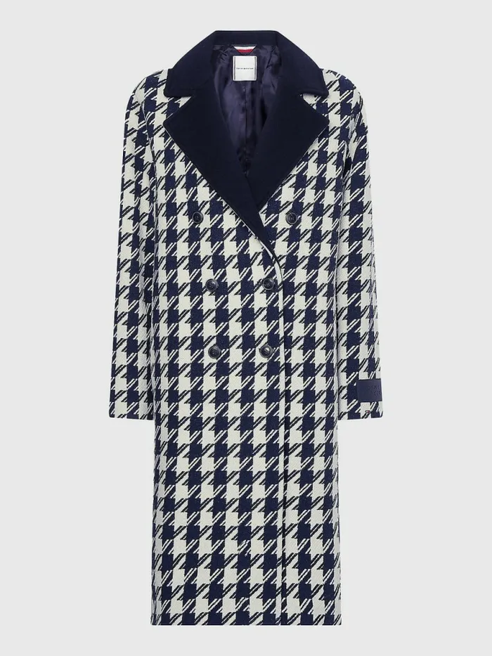 Tommy Hilfiger Recycled Wool Double Breasted Houndstooth Coat Ow Mid HoundstoothDsrt SkyEcru Womens Coats and Jackets On Sale
