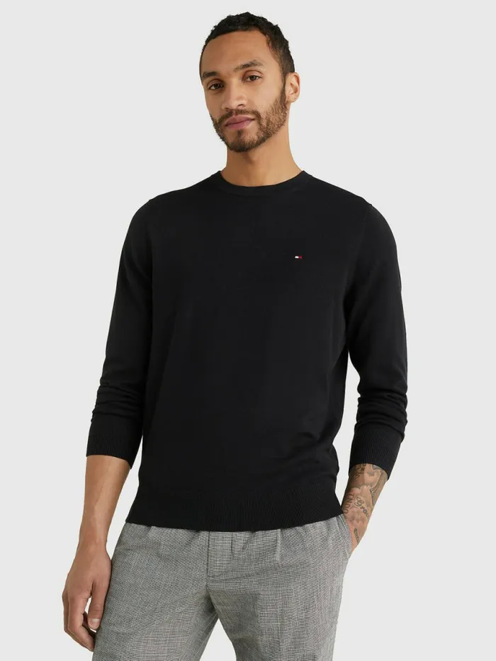 Tommy Hilfiger Regular Fit Crew Neck Jumper Flag Black Mens Knitwear For Sale Tommy Hilfiger Regular Fit Crew Neck Jumper Flag Black Mens Knitwear For Sale