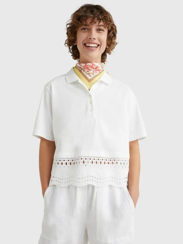 Tommy Hilfiger Relaxed Fit Broderie Anglaise Polo Top White Womens Polo Shirts Sale Tommy Hilfiger Relaxed Fit Broderie Anglaise Polo Top White Womens Polo Shirts Sale