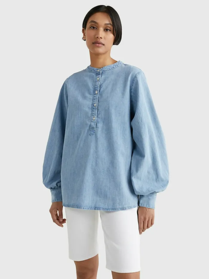 Tommy Hilfiger Relaxed Fit Denim Henley Shirt Fyn Womens Shirts and Blouses On Sale Tommy Hilfiger Relaxed Fit Denim Henley Shirt Fyn Womens Shirts and Blouses On Sale