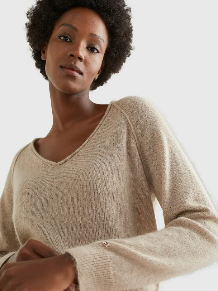 Tommy Hilfiger Relaxed Fit VNeck Jumper Beige Womens Knitwear On Sale