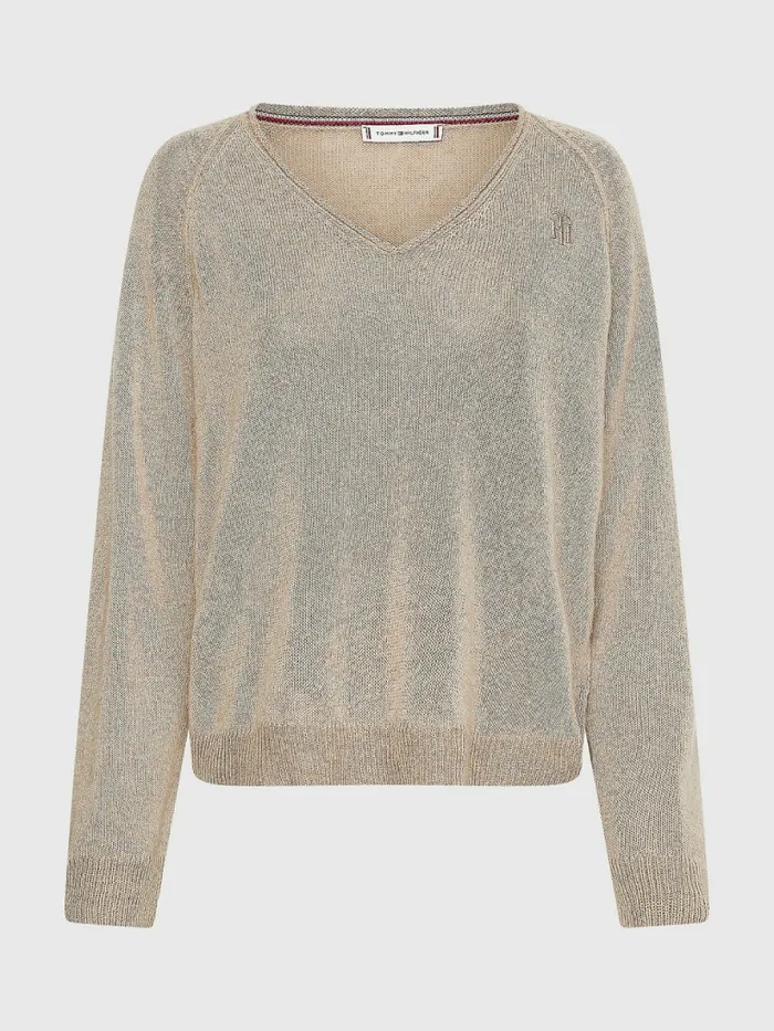 Tommy Hilfiger Relaxed Fit VNeck Jumper Beige Womens Knitwear On Sale