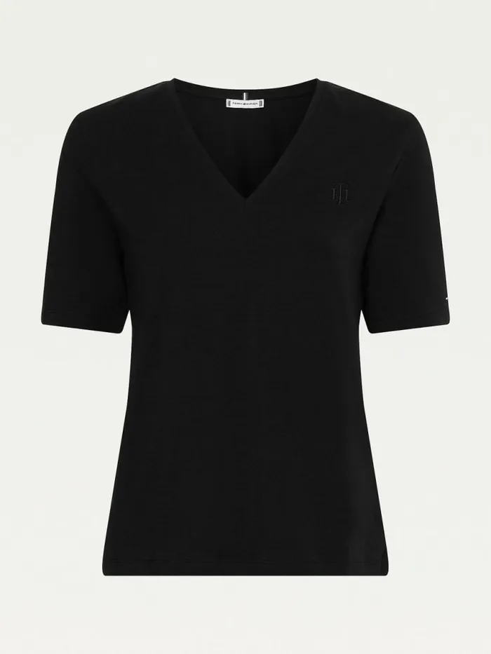 Tommy Hilfiger Relaxed Fit VNeck Monogram TShirt Black Womens TShirts Casaul