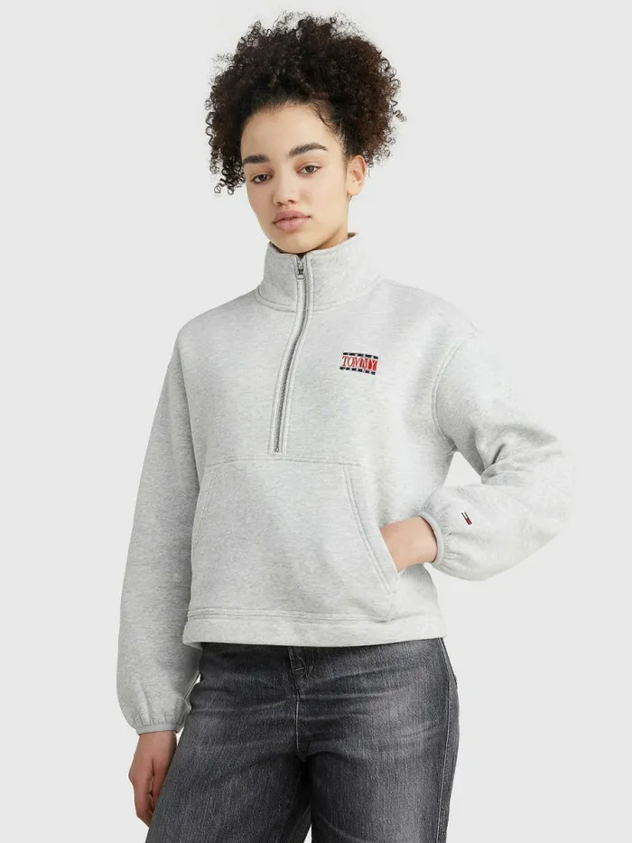 Tommy Hilfiger Relaxed Timeless Tommy Logo HalfZip Sweatshirt Lt Grey Htr Womens Sweatshirts and Hoodies For Sale Tommy Hilfiger Relaxed Timeless Tommy Logo HalfZip Sweatshirt Lt Grey Htr Womens Sweatshirts and Hoodies For Sale