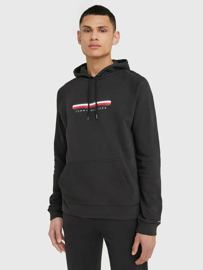 Tommy Hilfiger Seacell Signature Tape Hoody Black Mens Loungewear and Nightwear Tommy Hilfiger Seacell Signature Tape Hoody Black Mens Loungewear and Nightwear