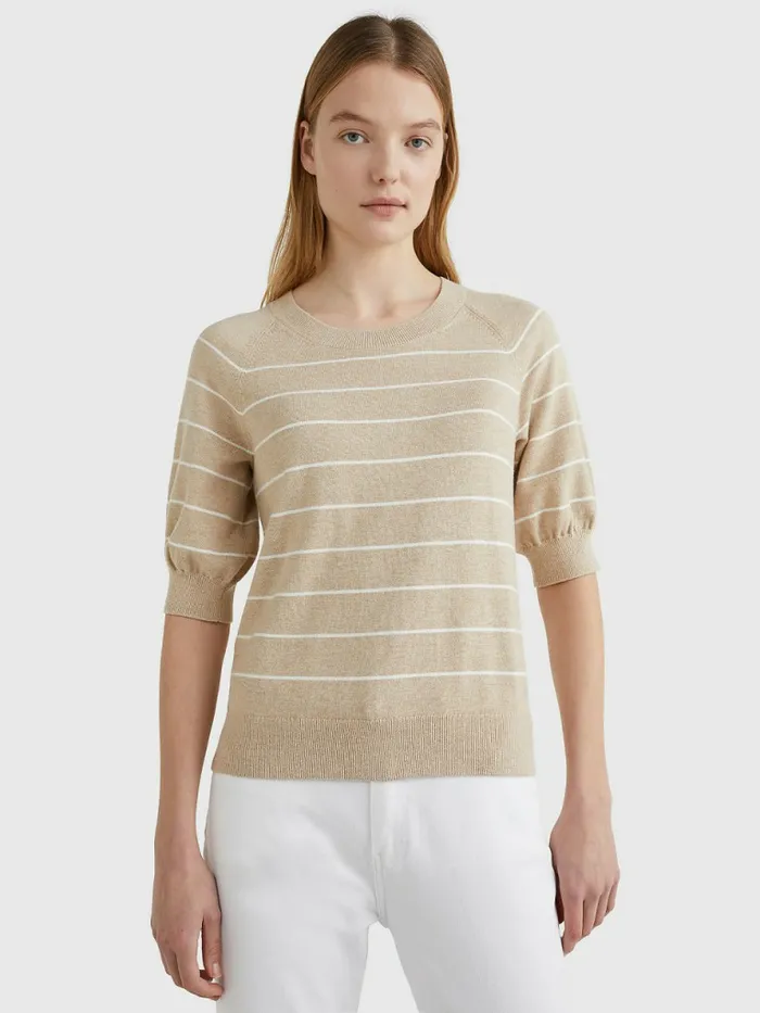 Tommy Hilfiger Short Puff Sleeve Jumper Breton StpEcru Beige Womens Knitwear Popular Tommy Hilfiger Short Puff Sleeve Jumper Breton StpEcru Beige Womens Knitwear Popular