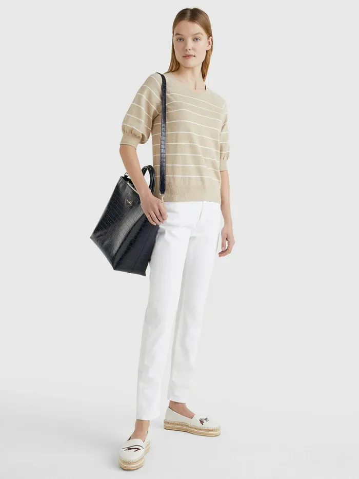 Tommy Hilfiger Short Puff Sleeve Jumper Breton StpEcru Beige Womens Knitwear Popular