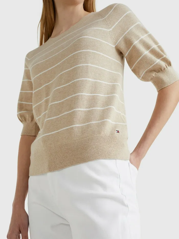 Tommy Hilfiger Short Puff Sleeve Jumper Breton StpEcru Beige Womens Knitwear Popular