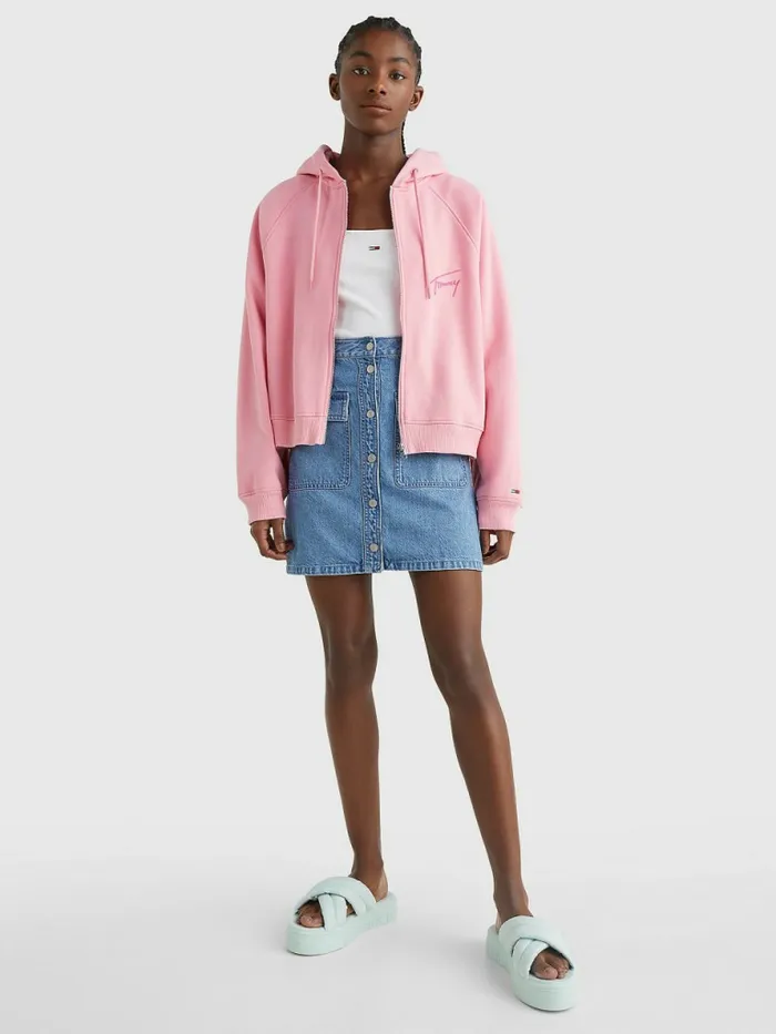 Tommy Hilfiger Signature Boxy ZipThru Hoody Fresh Pink Womens Sweatshirts and Hoodies Cheap On Sale