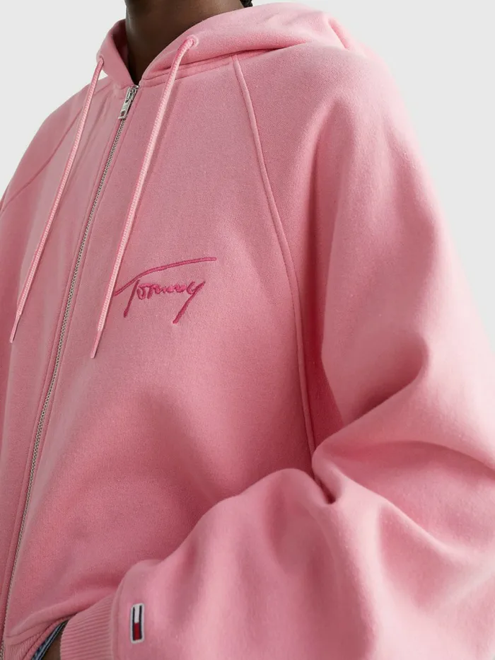 Tommy Hilfiger Signature Boxy ZipThru Hoody Fresh Pink Womens Sweatshirts and Hoodies Cheap On Sale