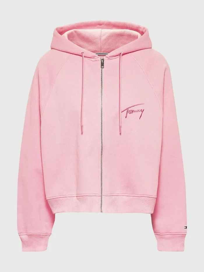 Tommy Hilfiger Signature Boxy ZipThru Hoody Fresh Pink Womens Sweatshirts and Hoodies Cheap On Sale